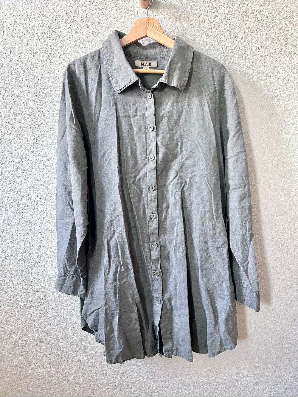 Flax 100% Linen Gray Button Front Tunic Shirt Top Size Large
